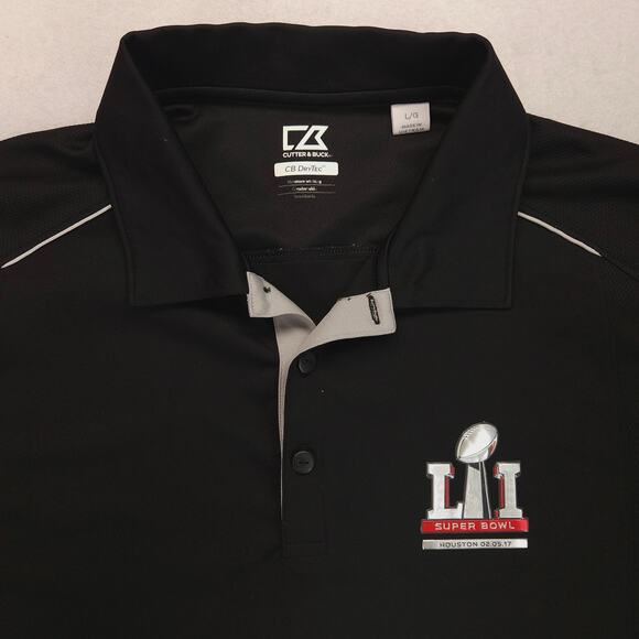 Cutter & Buck Super Bowl LI Collared Football Polo Shirt Adult Mens Size L Black - Picture 1 of 9